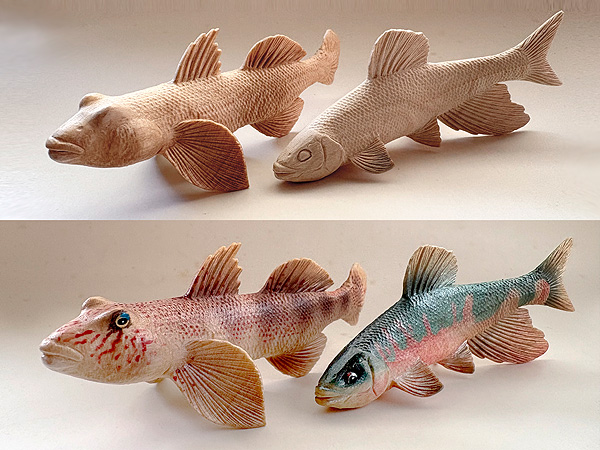 木彫りの魚　木で彫ったヨシノボリとオイカワ　フッシュカービング